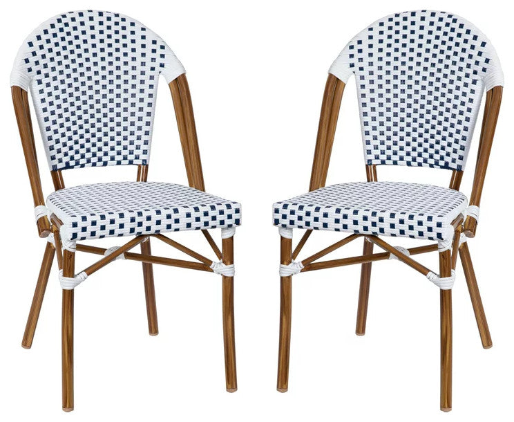 Set of 2 Indoor Outdoor Dining Chair, Woven Rattan Seat & Back, White & Navy