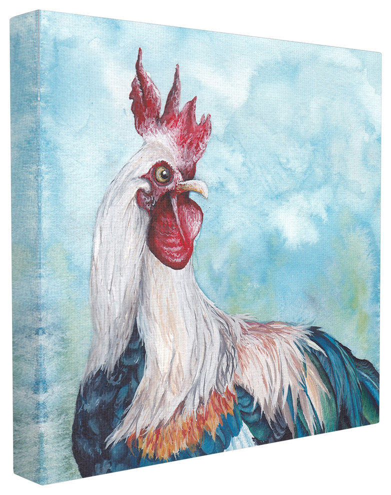 Light Blue Painted Rooster Portrait Oversized Stretched Canvas Wall Art, 24"x24"
