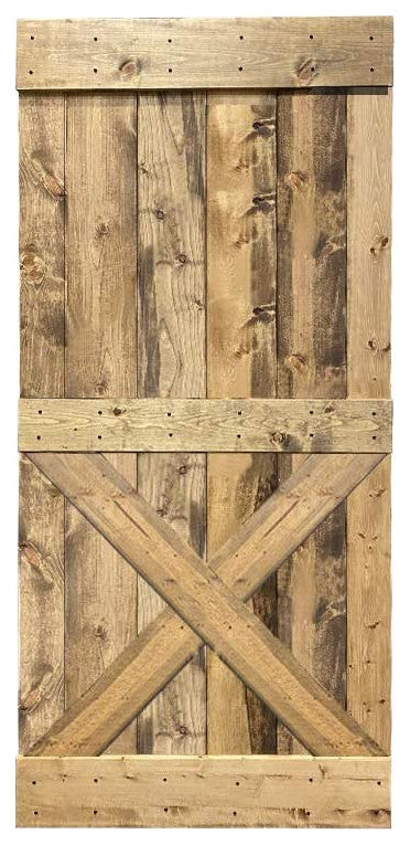 Stained Solid Pine Wood Sliding Barn Door, Weather Oak, 36"x84", Mini X