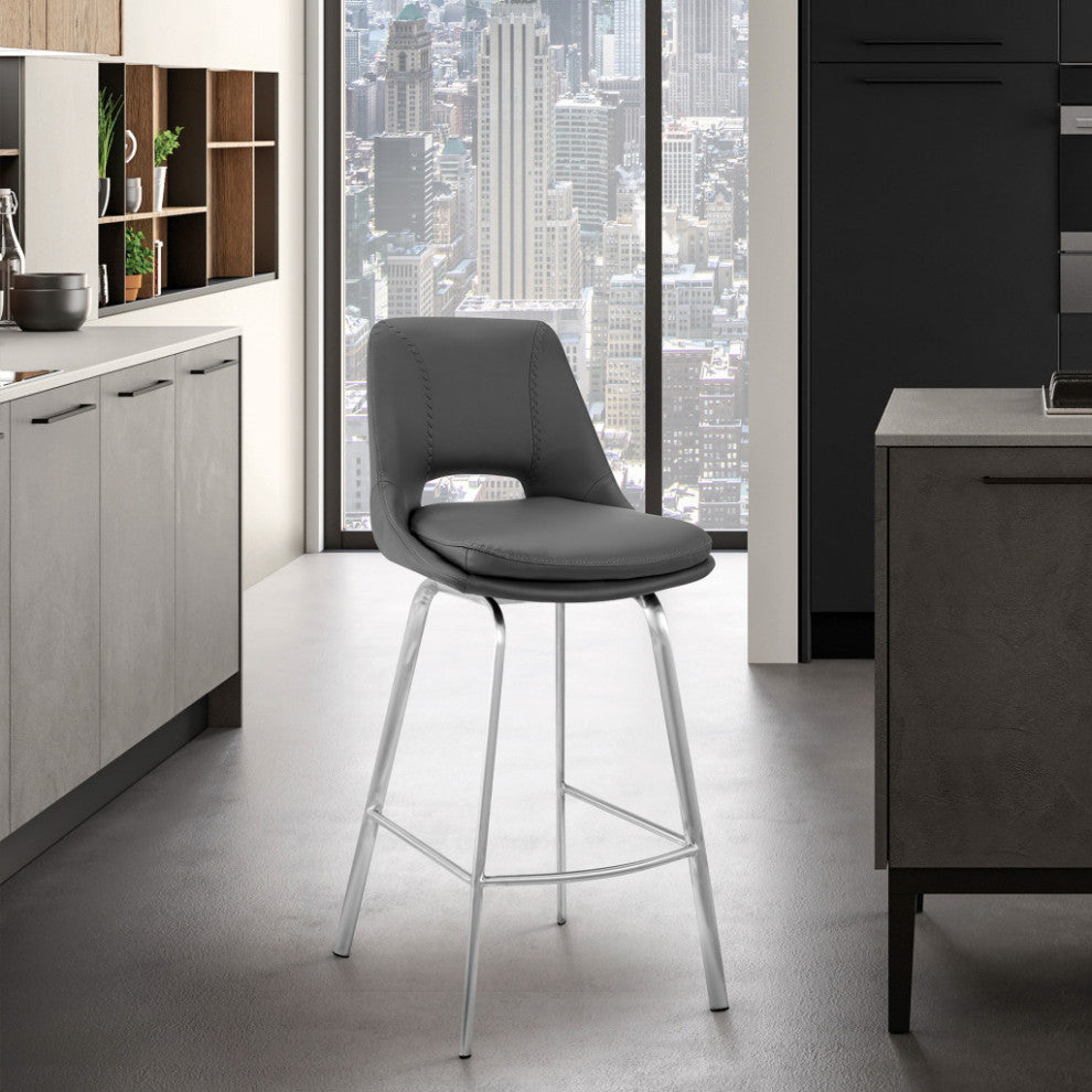 30" Elegant Gray Faux Leather Bar Stool With Stainless Steel Frame