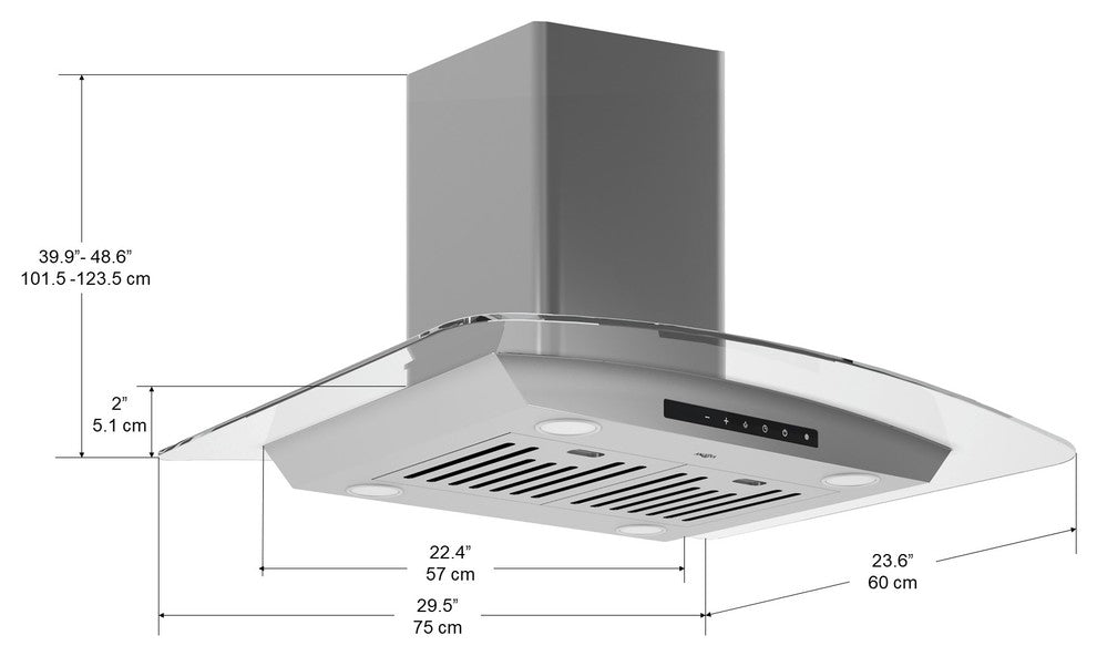Noturna IG Island Glass Canopy Range Hood with Night Light, 30"