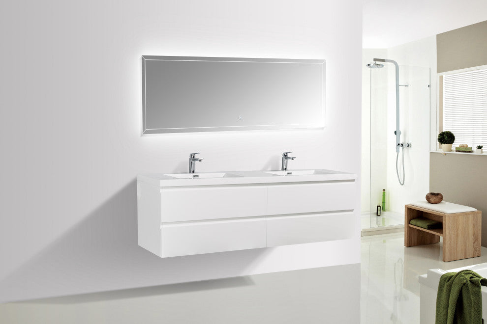 Alma-Pre 4 Drawers Wall Mount Vanity, Integrated White Sink, White, 84