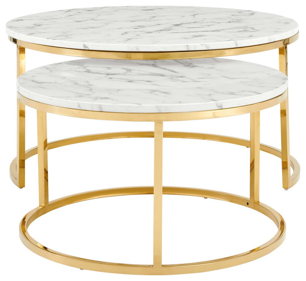 Coffee Table Nesting, Round, Artificial Marble, Metal, Gold White, Modern