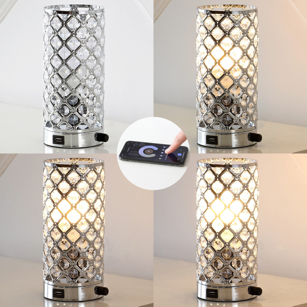 Lucie 9.5" Iron/Acrylic LED Mini Uplight Table Lamp With USB Port, Chrome/Clear