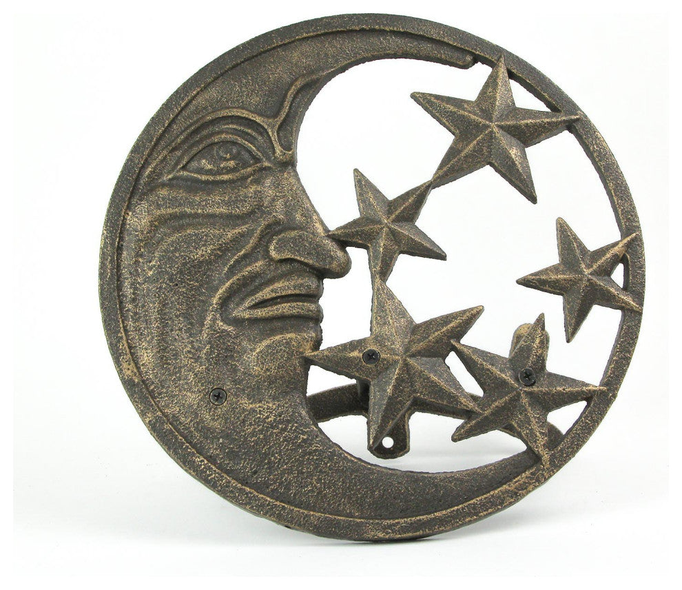 Cast Iron Crescent Moon and Stars Wall Mounted Garden Hose Holder Bronze Finish
