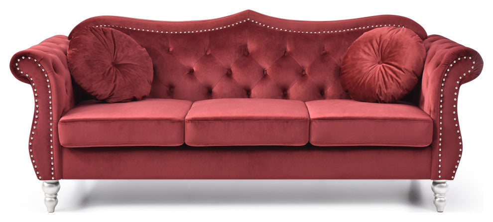 Hollywood Velvet Tufted Sofa, Burgundy