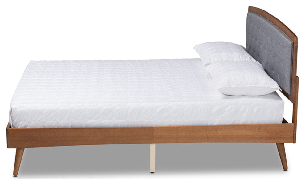 Gray Fabric Upholstered and Walnut Brown Finished Wood King Size Platform Bed
