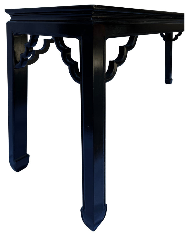 Chinese Vintage Elm Wood Scroll Motif Apron Black Console Altar Table Hcs7581