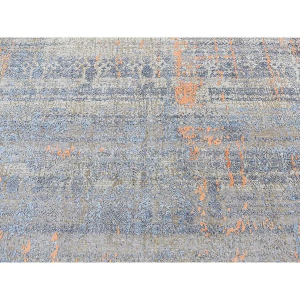 Blue Silk with Wool Tone on Tone Modern Design Hand Knotted Rug 8' x 10'