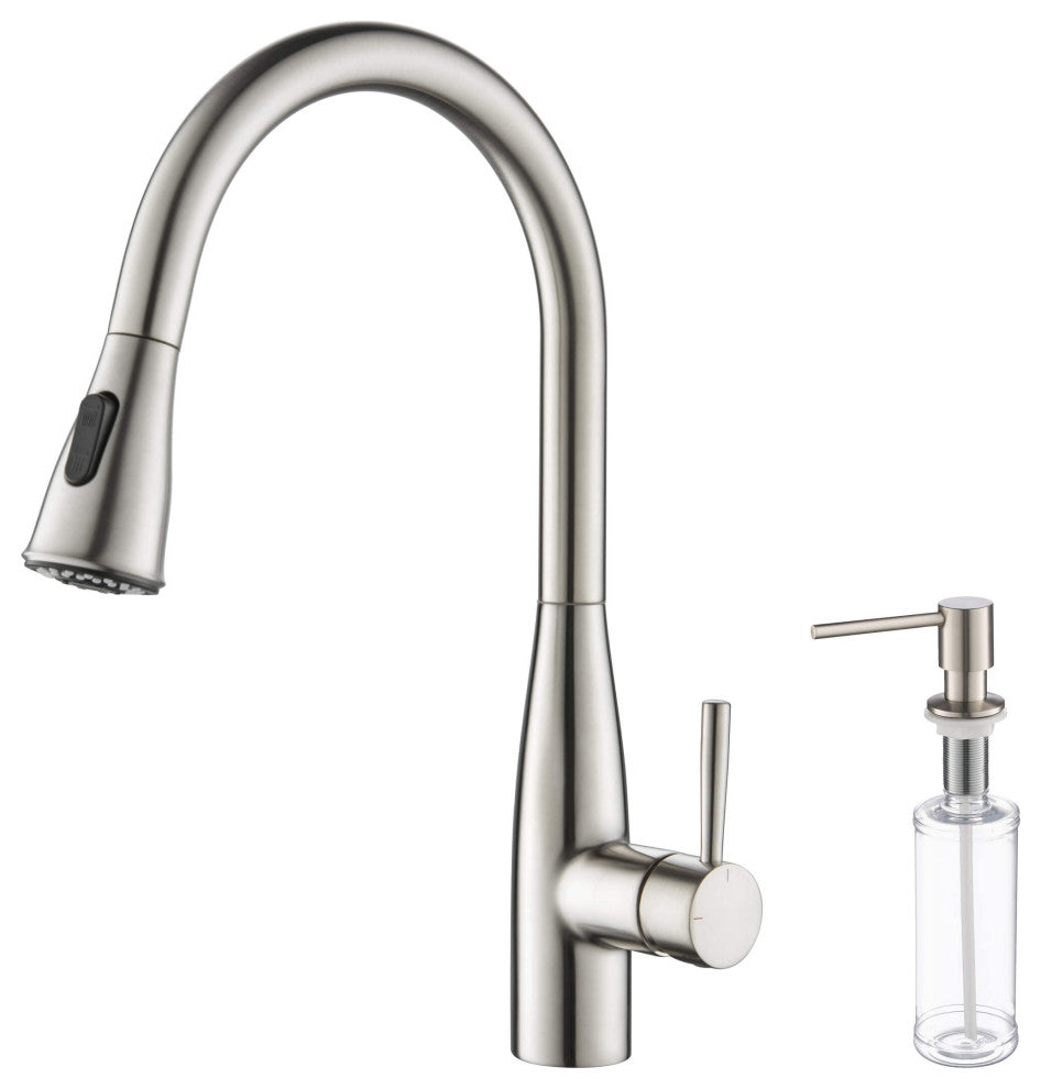 Bari-T Single Handle Pull Down Faucet, Brushed Nickel, With Soap Dispenser