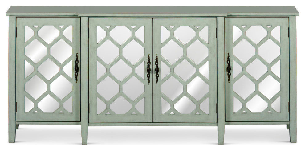 Zen Sage Sideboard with Lattice Fretwork Mirror Doors