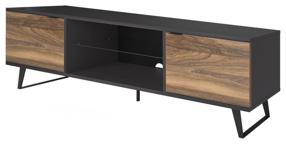 Modern Door Glass Shelf TV Stand with Storage for TVs up 80 to Inches, Walnut