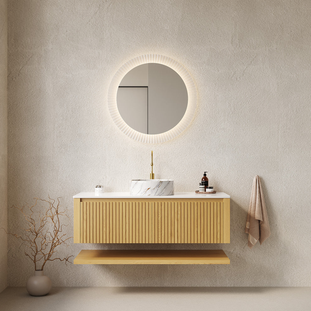 Wall-Mounted Plywood Bathroom Vanity With Sink, With Round Vessel