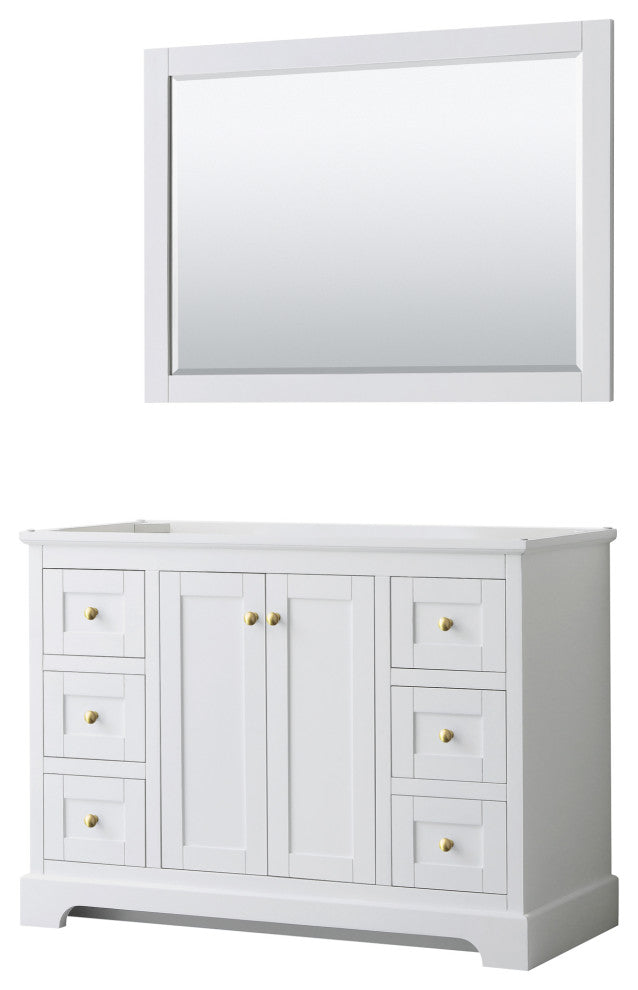 48" Single Bath Vanity, White, No Countertop, 46" Mirror, Gold Trim