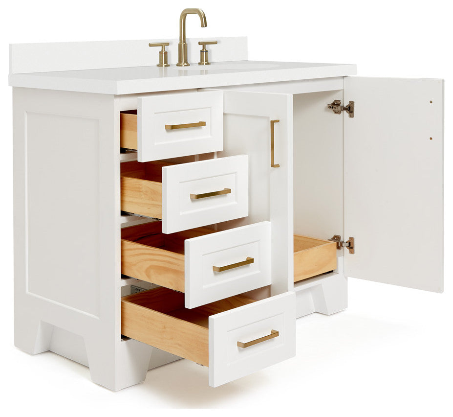 ARIEL Taylor 43" Right Offset Oval Sink White Vanity White Quartz Top, No Mirror