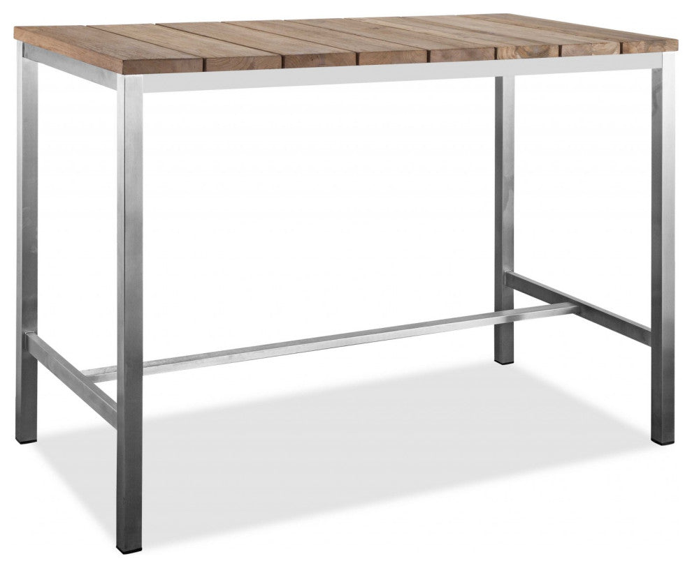 HomeRoots 55" X 27" X 42" Teak Wood and Stainless Steel Bar Table