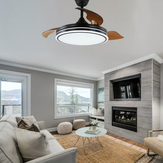42" Modern Drum Ceiling Fan with Retractable Blades, 3-speed, light and Remote, Black