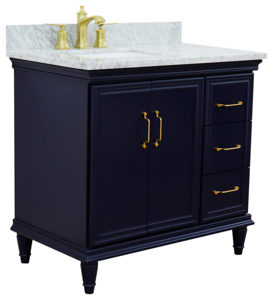 37" Single Vanity, Blue Finish With White Carrara