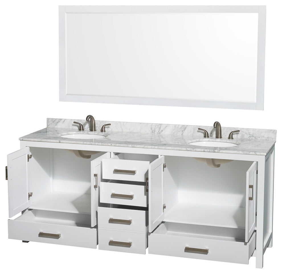 Wyndham WCS141480DWHCMUNOM70 White 80 Inch Vanity with Oval Sinks and Mirror