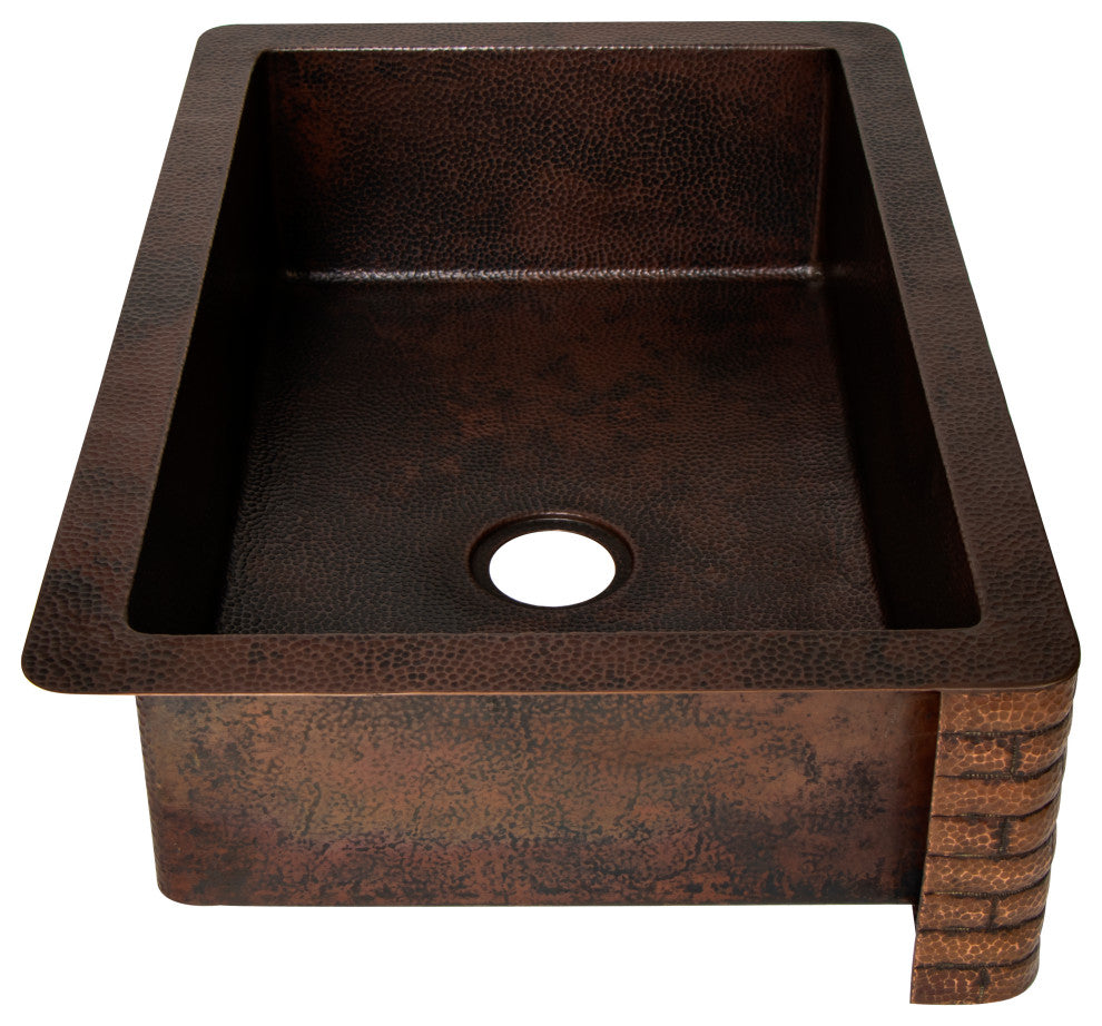 33" Farmhouse One Bowl Bricks Apron Hammered Copper Kitchen Sink, 16 Gauge