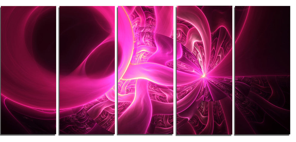 Bright Pink Designs on Black, Abstract Wall Art Canvas, 60"x28", 5 Panels