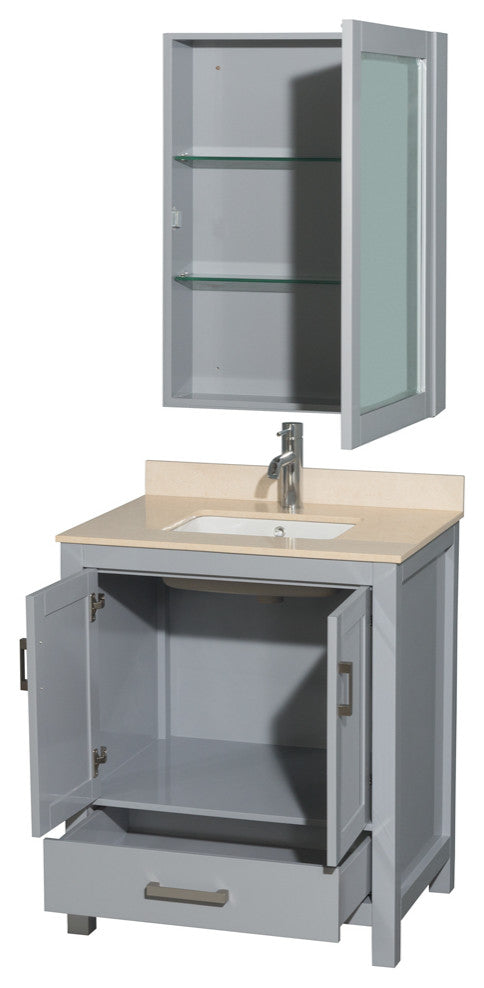 Wyndham WCS141430SGYCMUNSMED Vanity + White Carrera Marble Top and Square Sink