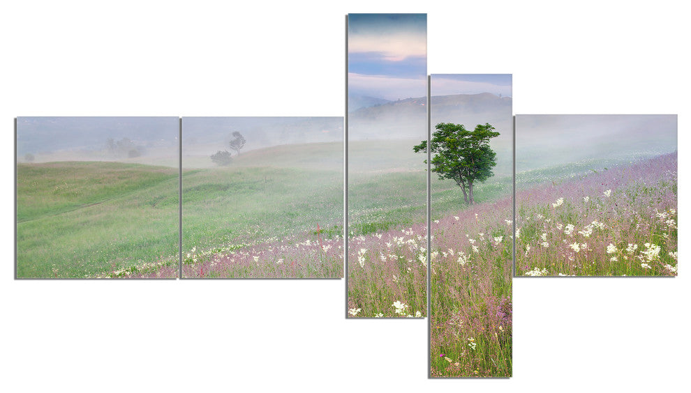Foggy Summer Morning in Mountains, Landscape Canvas Art Print, 60"x32", 5 panels