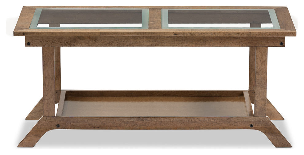 Cayla Mid-Century Walnut Brown Wood Living Room Glass-Top Coffee Table