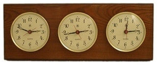 Triple Quartz Clock on Oak Wood With Brass Bezel