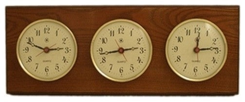 Triple Quartz Clock on Oak Wood With Brass Bezel