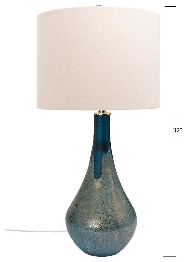 Sculptural Glass Table Lamp with Linen Shade, Set of 2, Blue Opal Glaze