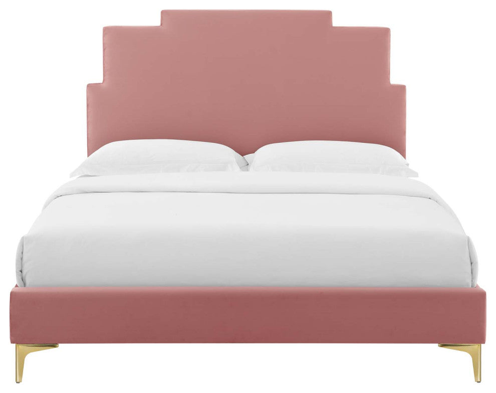 Platform Bed Frame, King Size, Velvet, Pink, Modern Contemporary, Bedroom Master