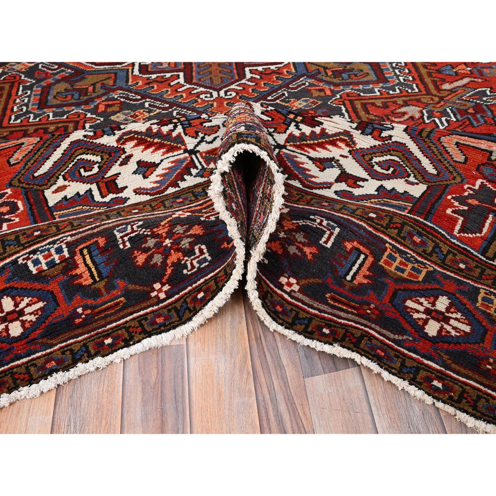 Imperial Red Semi Antique Persian Heriz Worn Wool Hand Knotted Rug 8'1"x11'1"