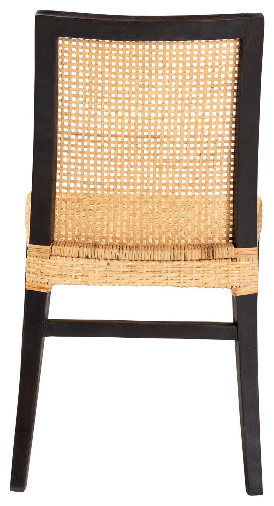 Modern Bohemian Dark Brown Mahogany Wood and Natural Rattan Dining Chair