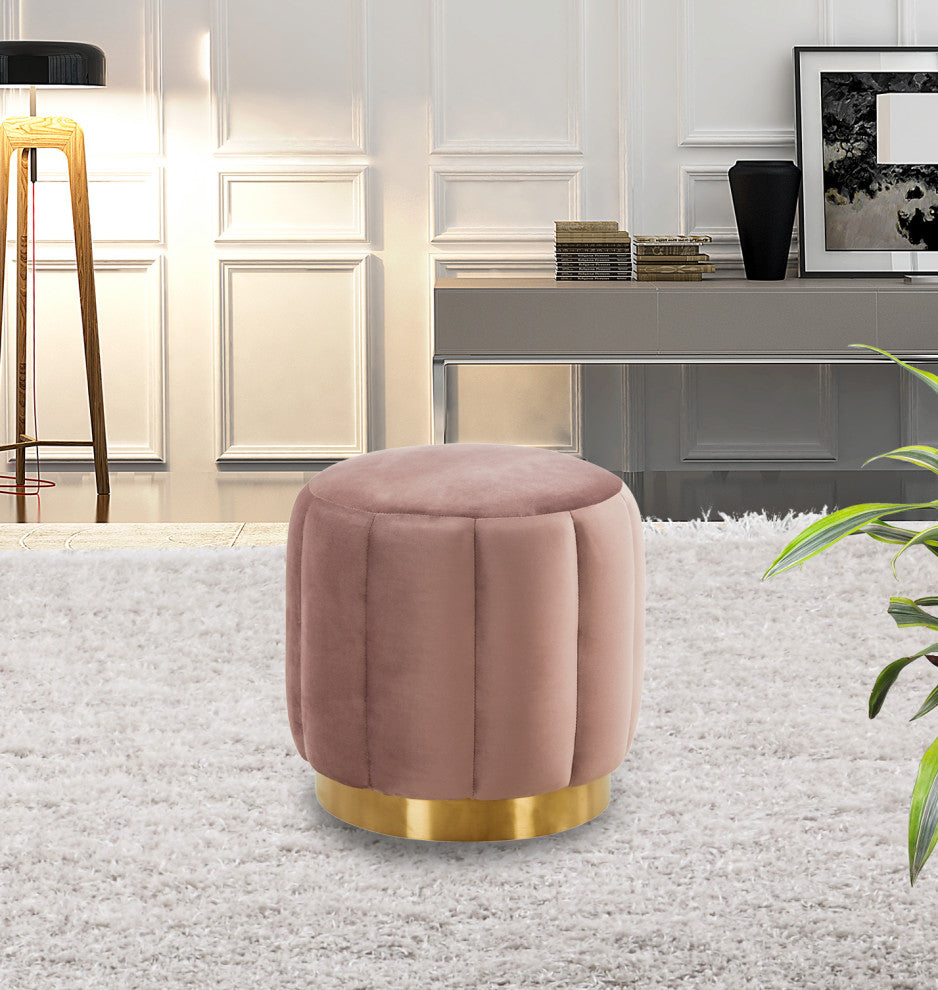 LeisureMod Franklin 19" Round Velvet Ottoman With Gold Base, Pink