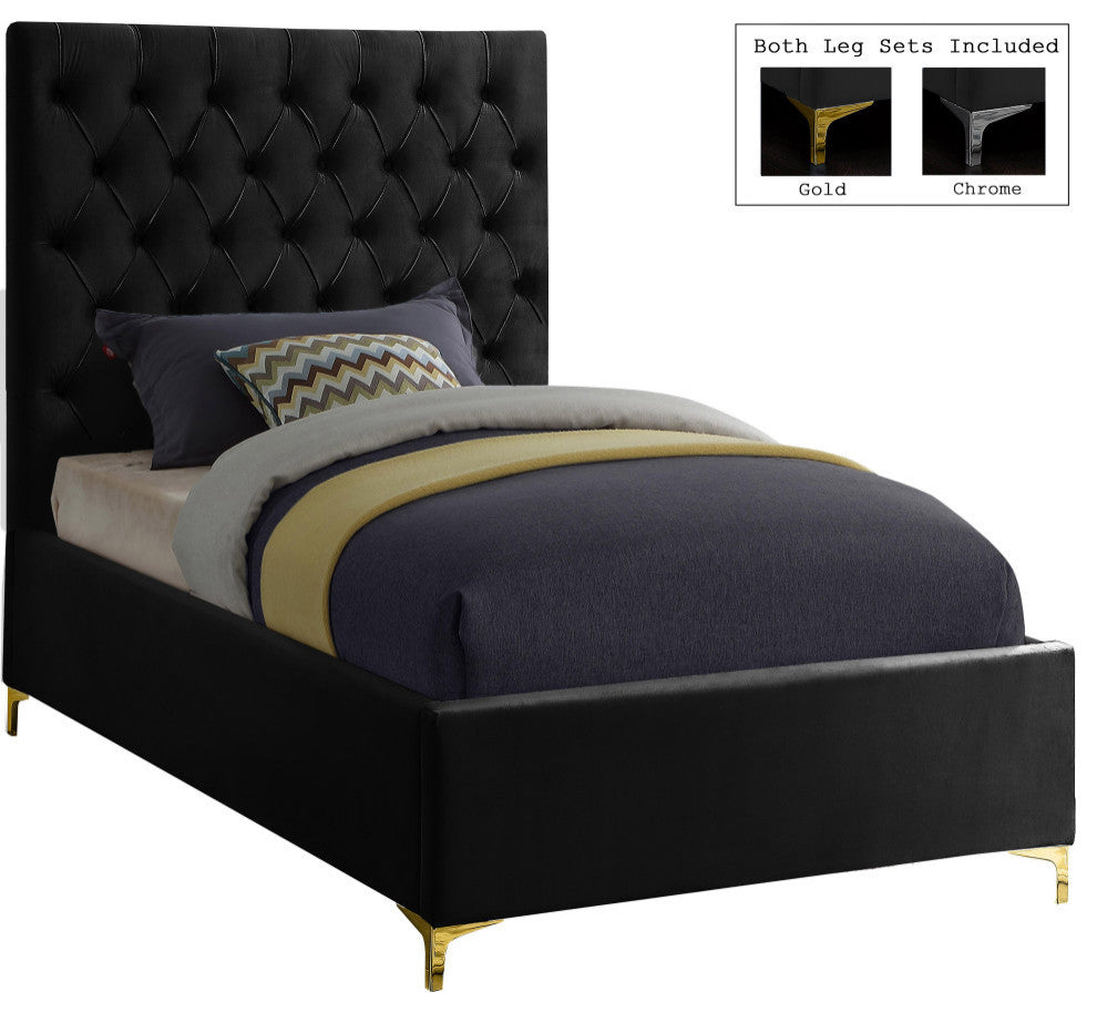 Cruz Velvet Upholstered Bed, Black, Twin