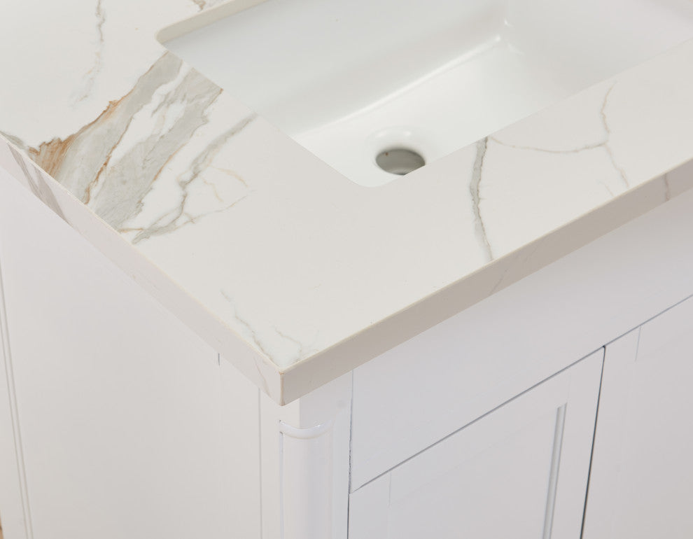 Eivissa Bathroom Vanity Countertop, Calacatta White With White Sink, 73"