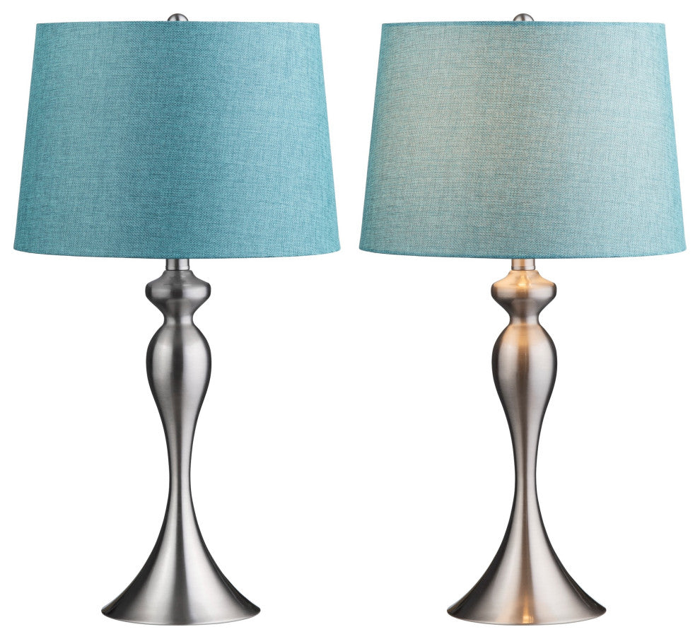 25.5"H Silver Steel Table Lamp Set with Blue Linen Shade