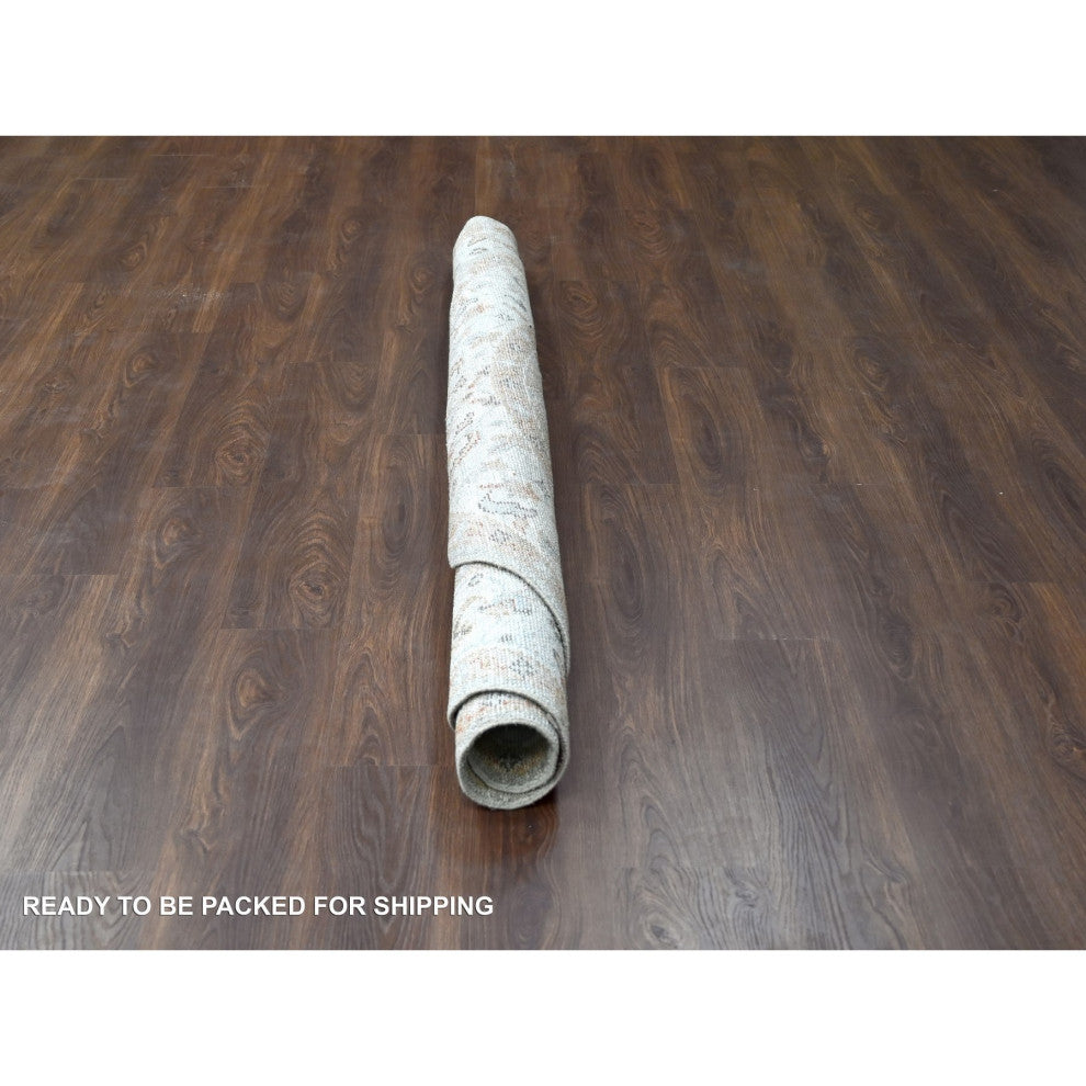 Gray and Ivory, Hand Knotted Oushak Inspired Round Oriental Rug, 7'10"x8'