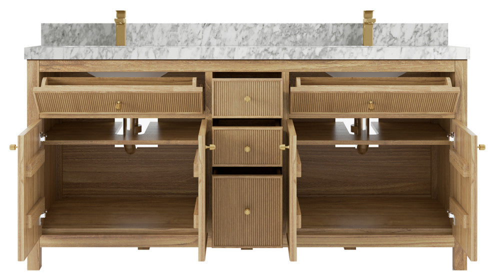 Sonoma 72 Double Sink Bath Vanity in Light Natural Teak with 2" Carrara Marble