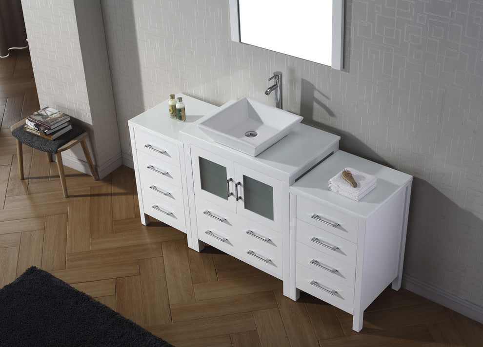 Virtu Dior 66" Single Bathroom Vanity, White With White Top, Faucet and Mirror