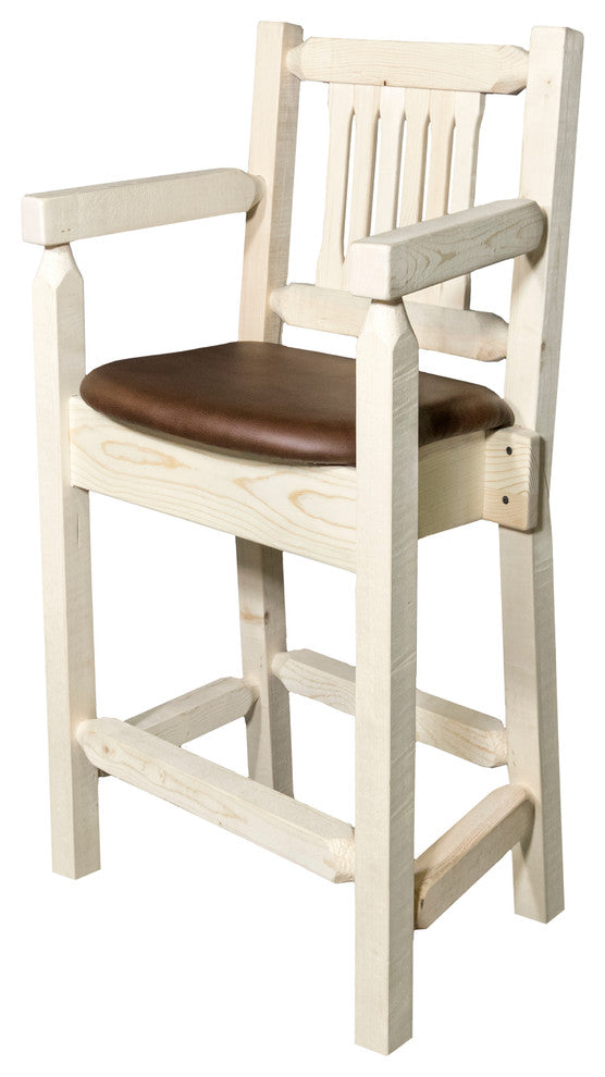 Homestead Captain's Bar Stool, Saddle Upholstery, Clear Lacquer Finish