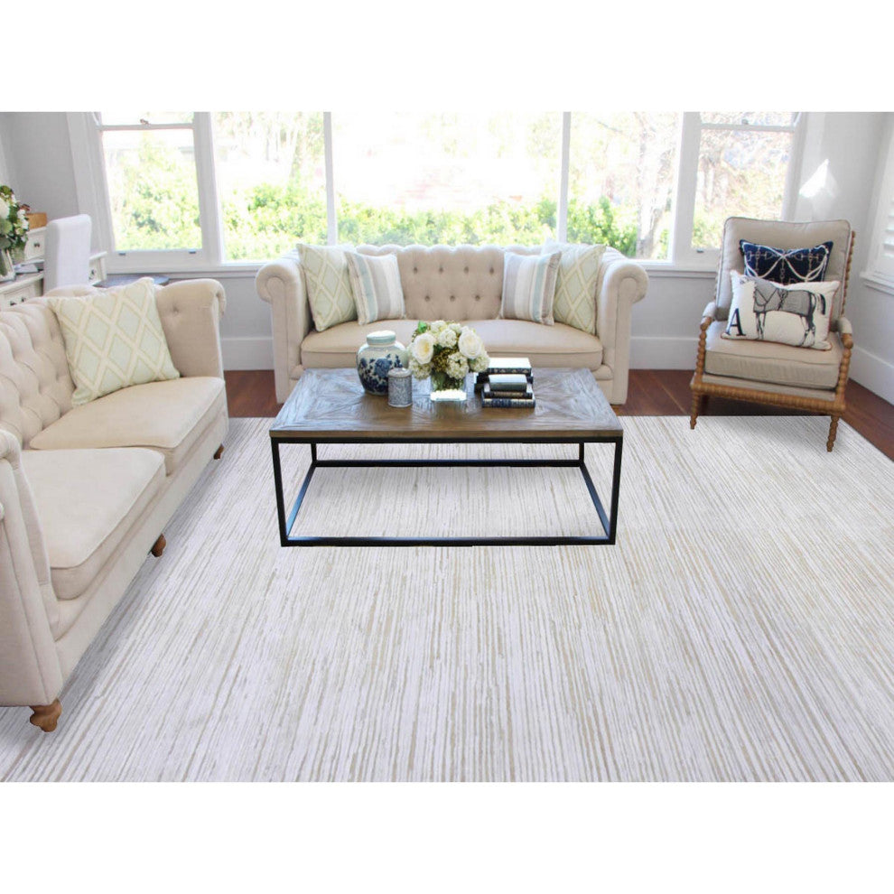 Ivory, Gabbeh Design, Silk with Textured Wool Hand Knotted Rug, 9'1" x 12'0"