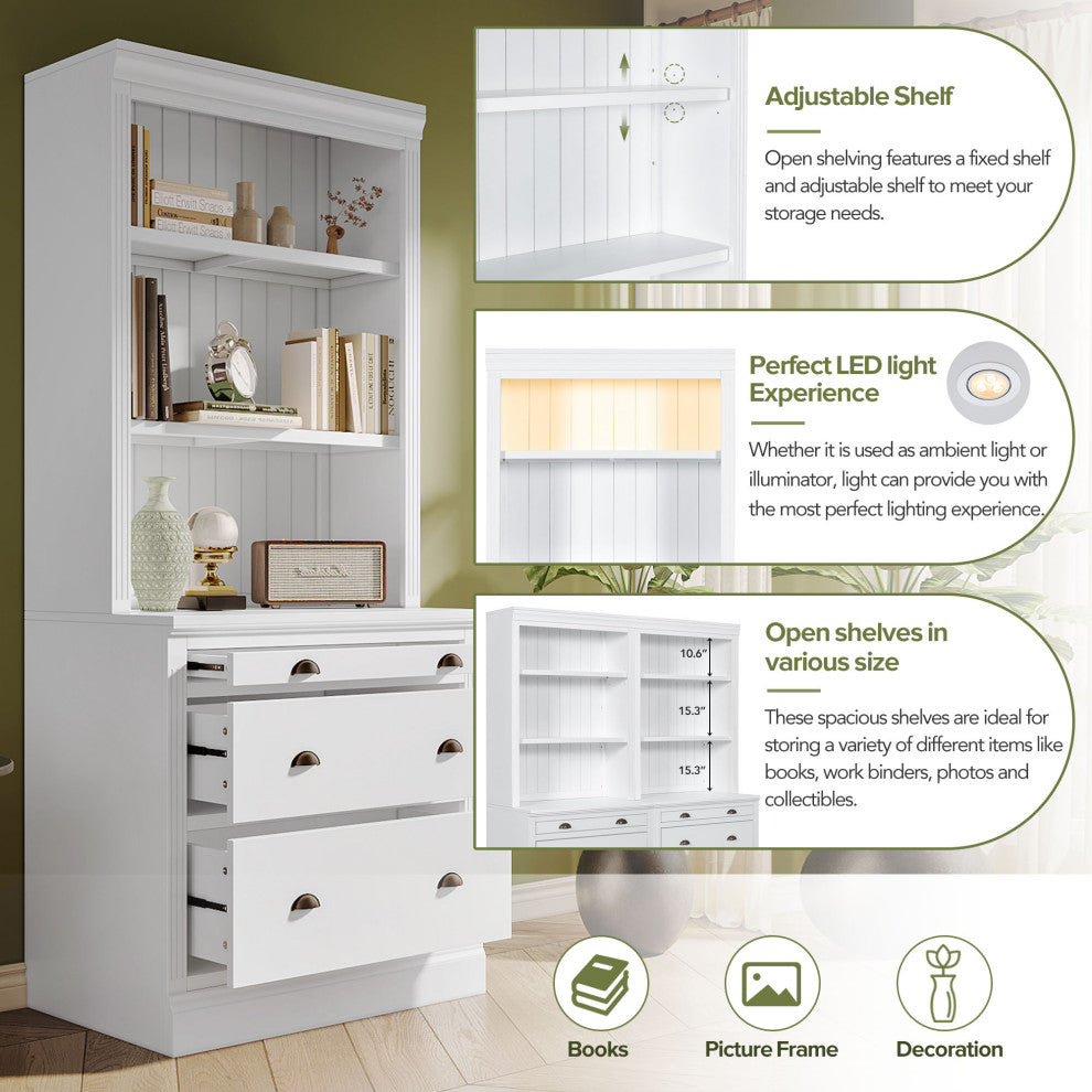 Modern Tall Bookshelf, LED Lighting for Living Room, White