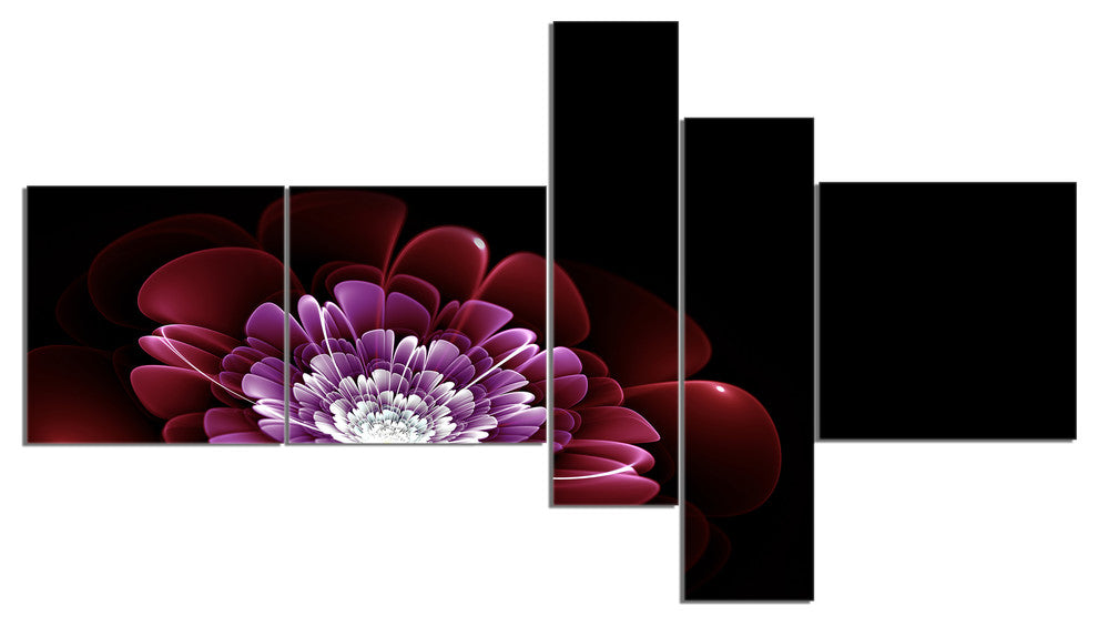Purple Abstract Fractal Flower, Floral Art Canvas Print, 60"x32", 5 panels
