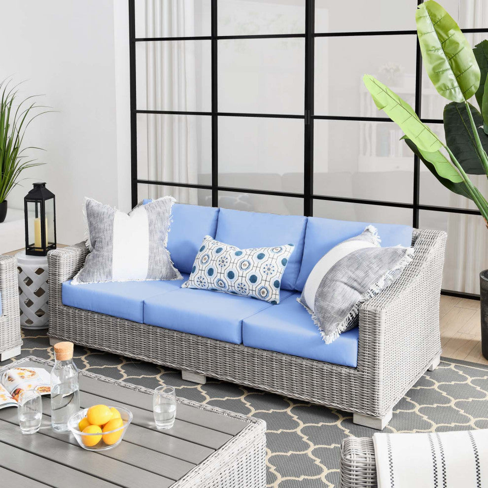 Lounge Sofa, Rattan, Wicker, Gray Blue, Modern, Outdoor Patio Cafe Bistro