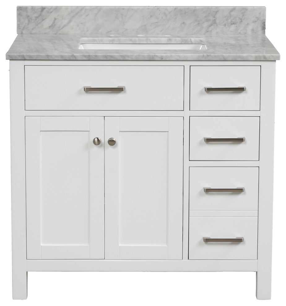 36" W x 22" D x 33" H Bath Vanity, White With Carrara White Marble
