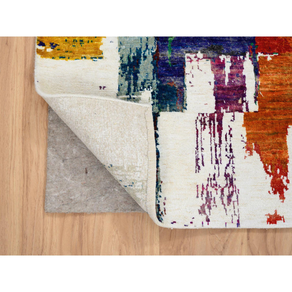 Colorful Modern Abstract Motifs Wool and Sari Silk Hand Knotted Rug, 3'0"x5'0"
