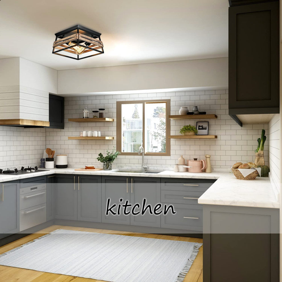 2 Light Semi Flush Mount Ceiling Light Fixture, Farmhouse, Wood