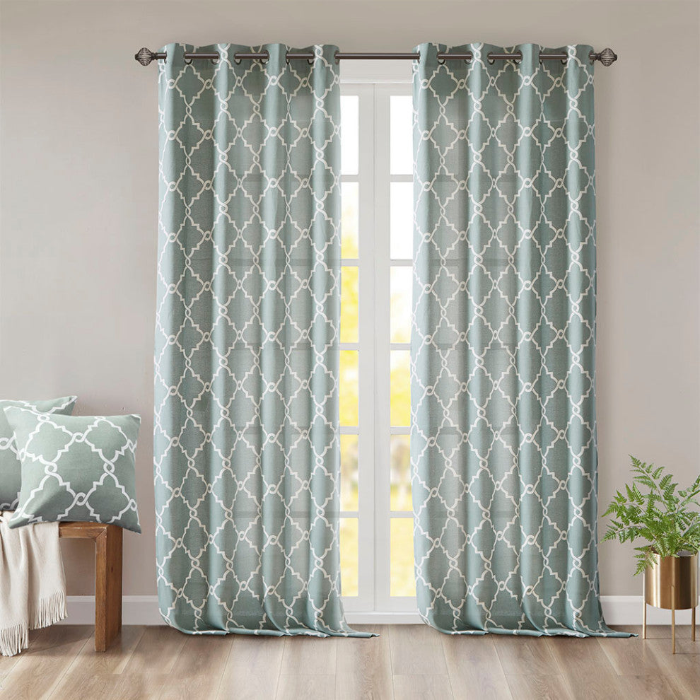 Madison Park Saratoga Fretwork Print Grommet Top Window Curtain Panel, Seafoam